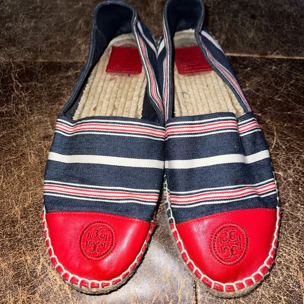 Tory Burch Red Blue White Leather Colorblock Espadrilles Shoes 10